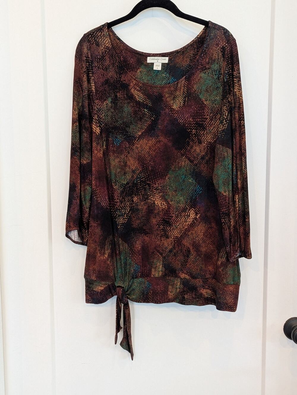 Coldwater Creek Women's Top Large 14 Abstract Print Tie Waist Rayon Spandex 3/4